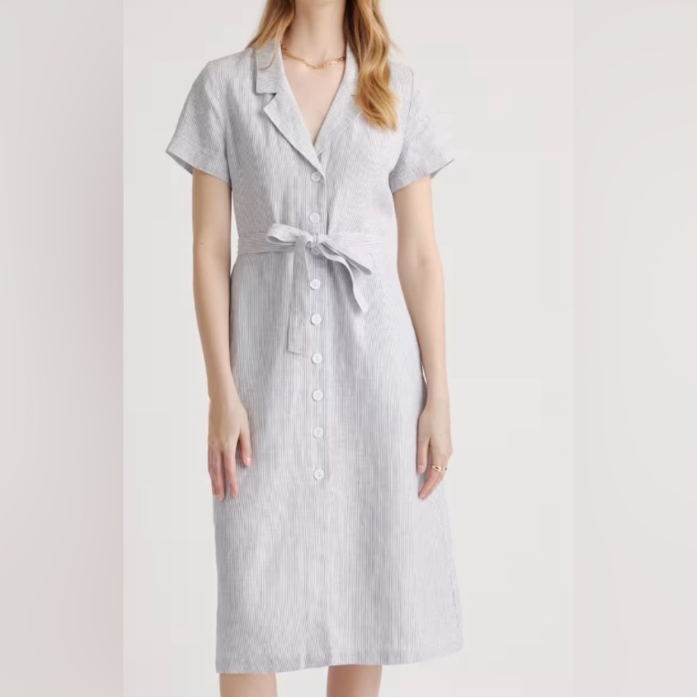 NWT Quince 100% European Linen Button Front Dress Color Blue Pinstripe Size S
